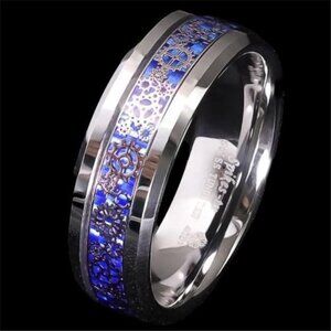 Men's Wedding Band Ring with Clockwork Gears and Blue Carbon Fiber